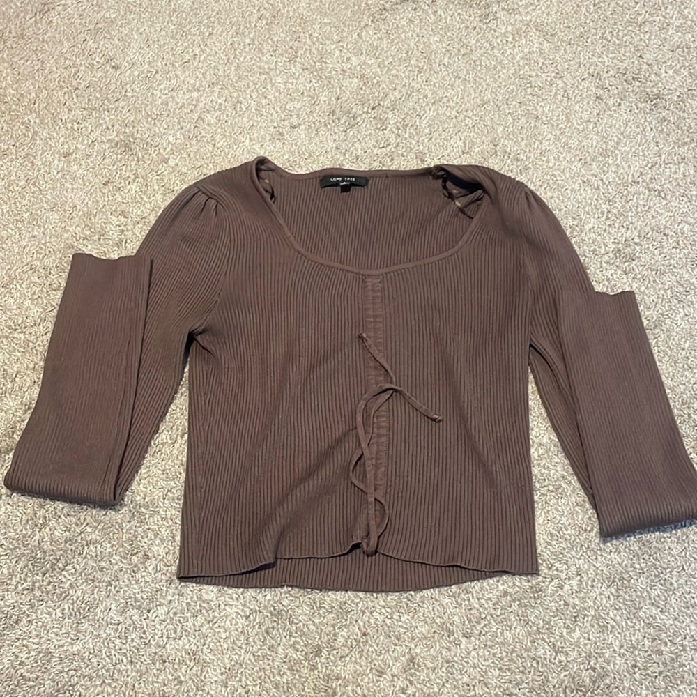 Love tree ribbed brown crop top long sleeve